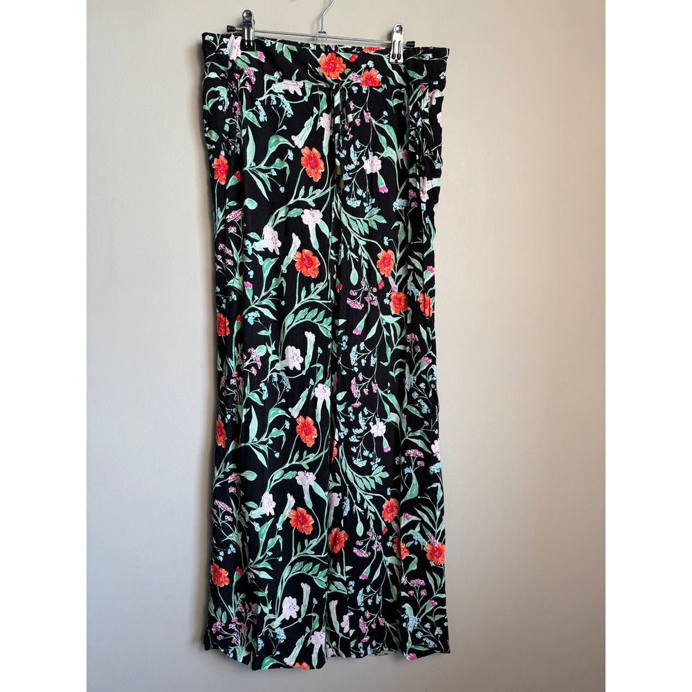 Paraphrase Womens Black Floral Wide Leg Pants M Boho Summer Casual Pockets